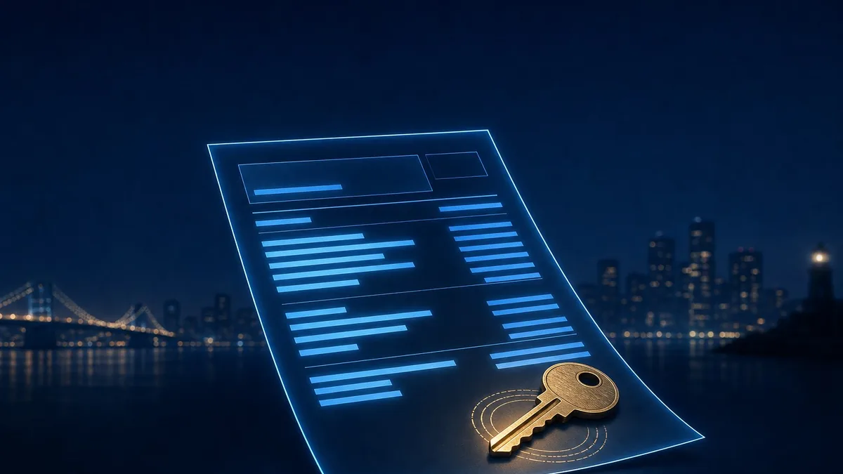 Illustrated closing disclosure with glowing line items and a house key, the anatomy of closing costs