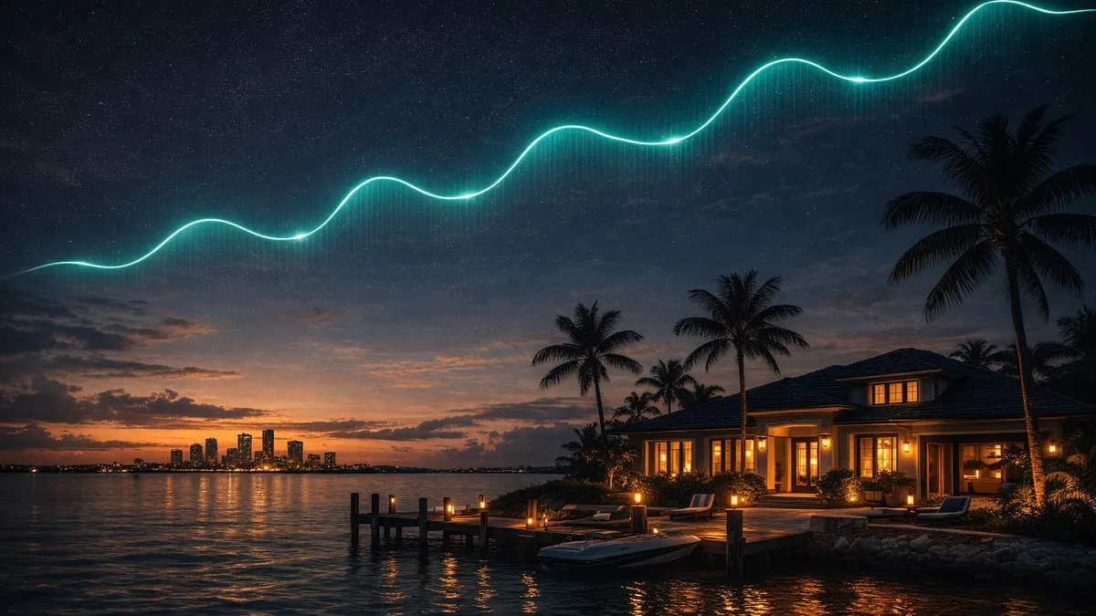 A Broward waterfront home at dusk with a glowing rate line overhead, year-end mortgage and tax planning