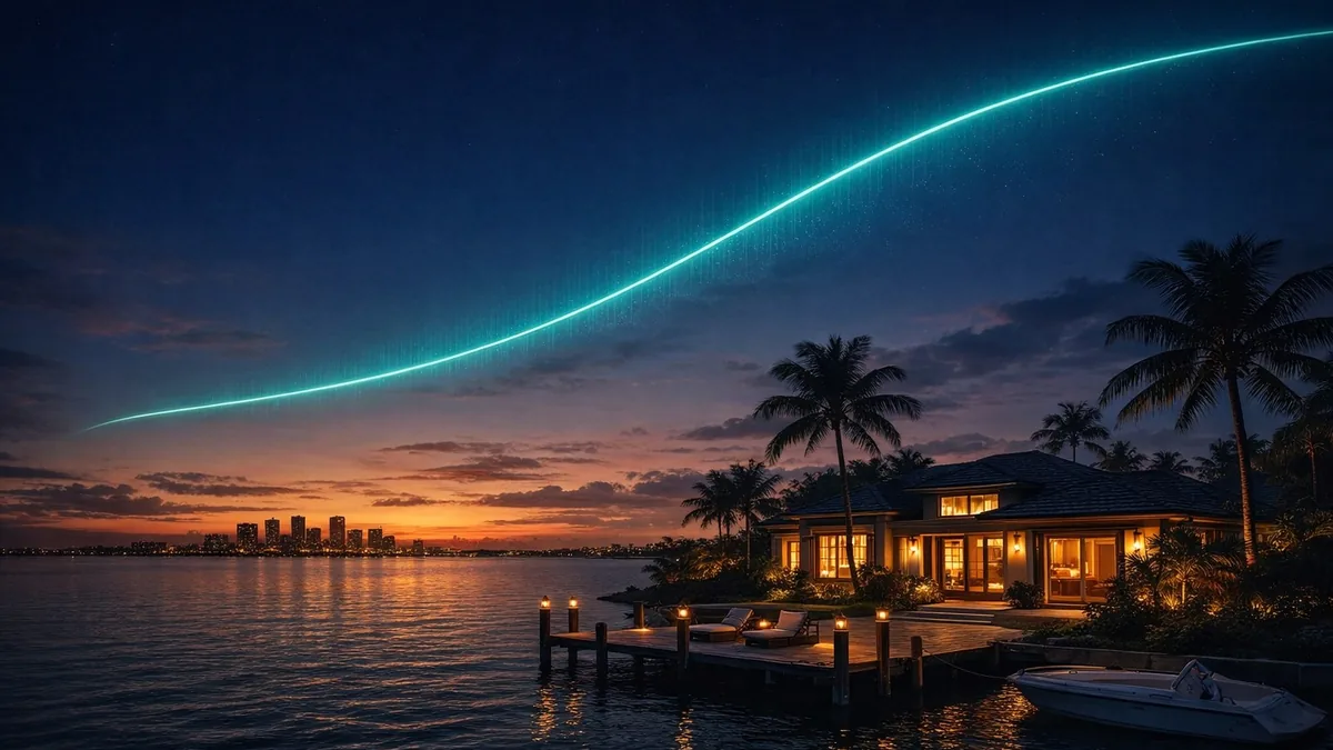 A South Florida home at dusk with a glowing rate line hovering above it, the weekly mortgage rate check