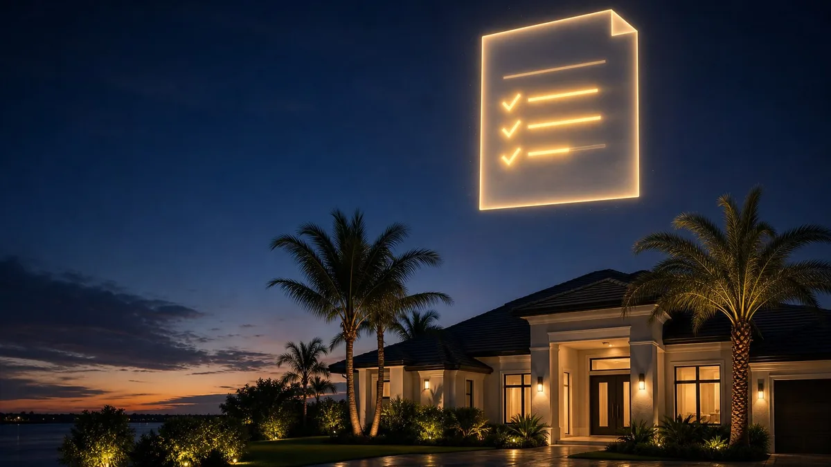 A South Florida home at dusk with a glowing mortgage statement checklist floating above it