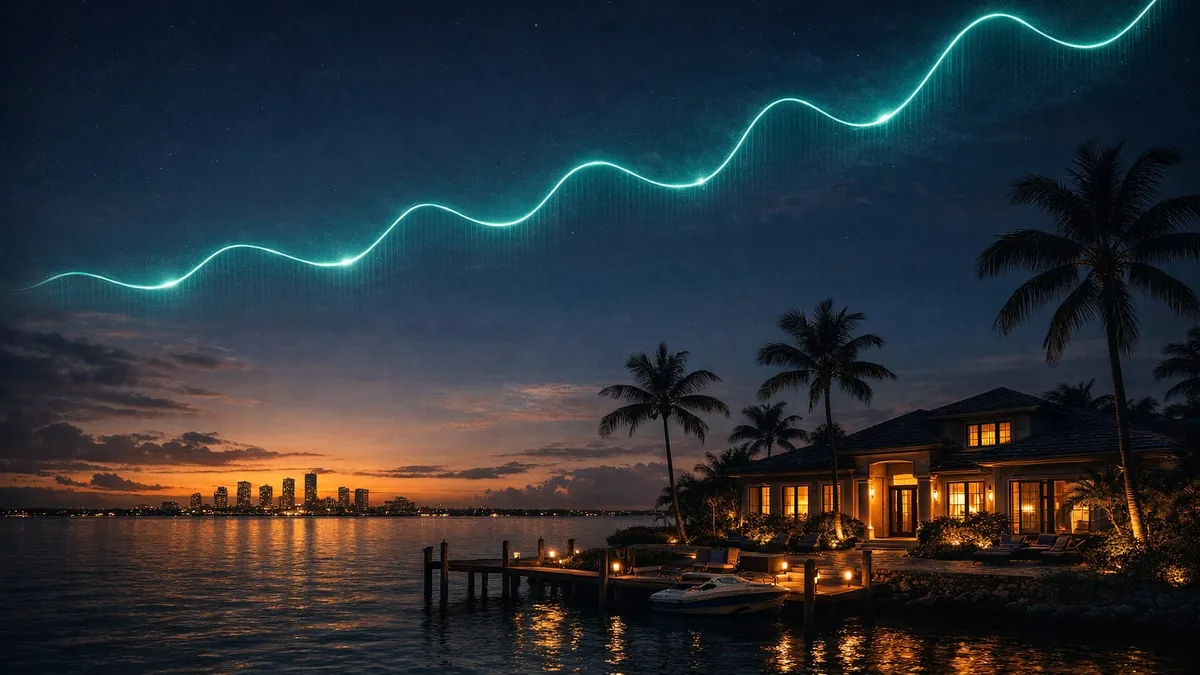 A South Florida waterfront home at twilight with a glowing market trend line rising over the Miami skyline